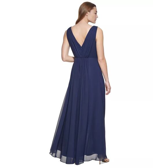 NEW ELIZA J Navy Sleeveless Pleated Embellished High-Low Gown Size 18 - Picture 2 of 9